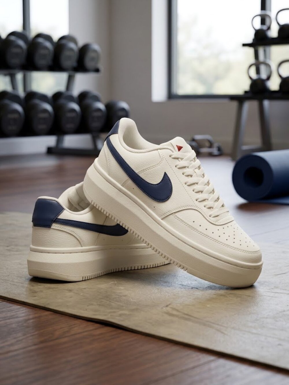 Nike Men’s White Leather Sneakers with Navy Swoosh Accent